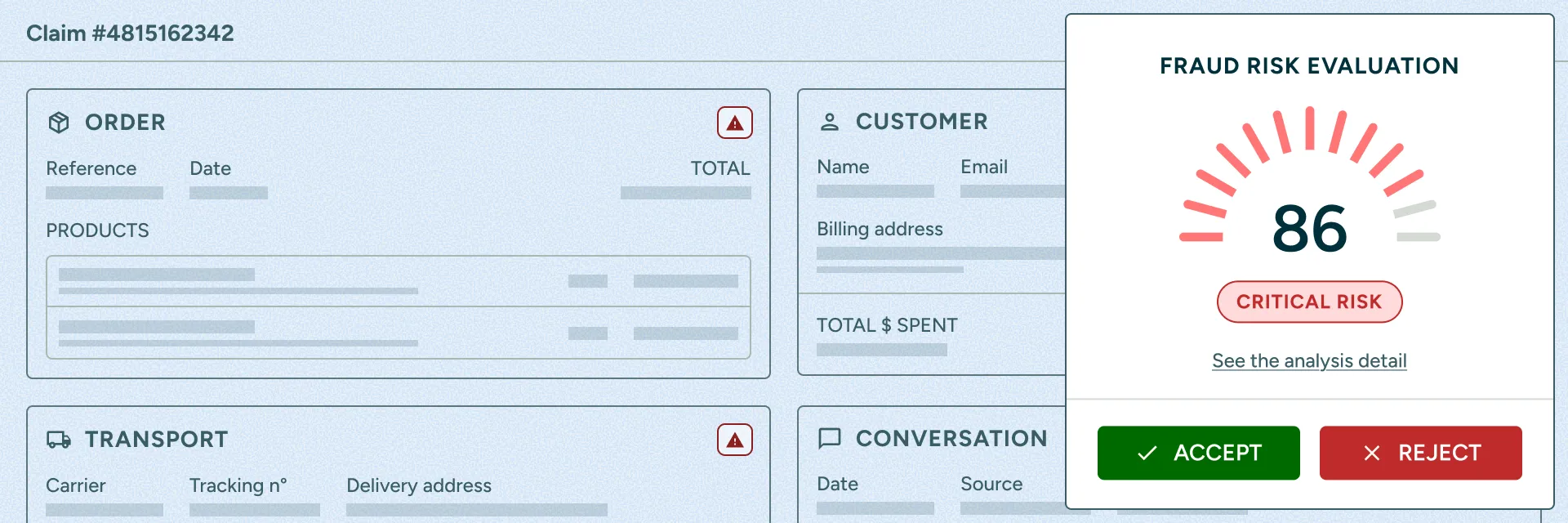 The backwise claim view for a refund claim, with order, customer, transport and conversation panels flagged, next to a fraud risk evaluation scoring the claim 86 — critical risk — with accept and reject actions.