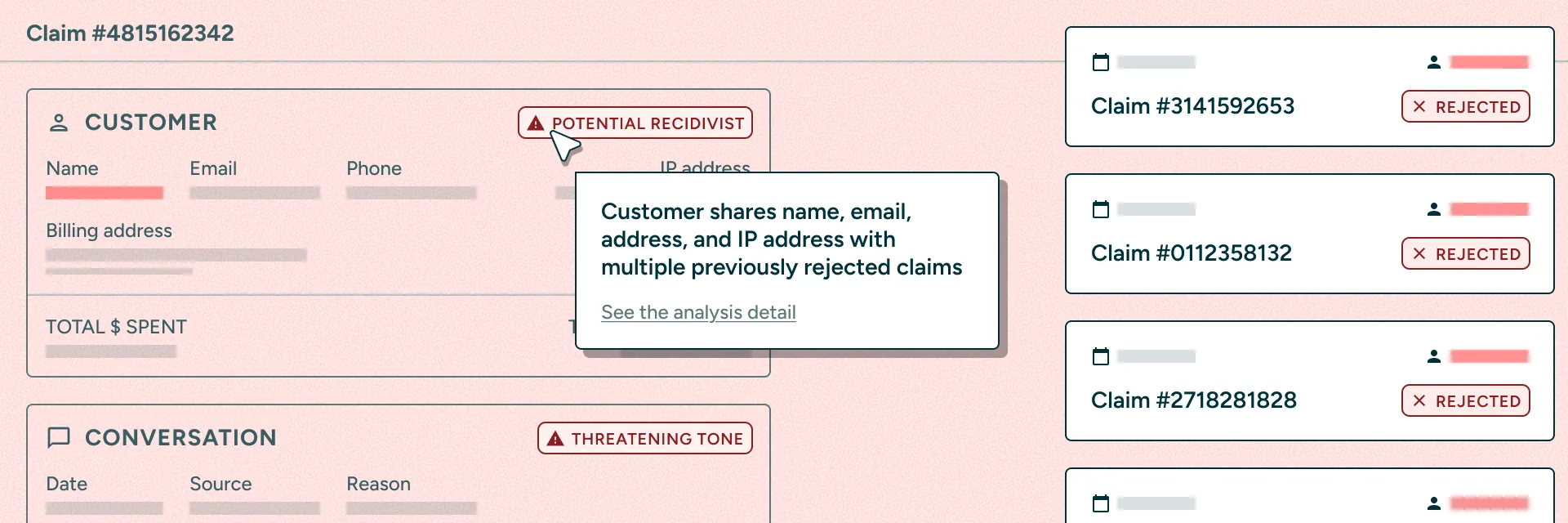 A claim in backwise flagged 'potential recidivist', explaining that the customer shares name, email, address and IP address with several previously rejected claims, which are listed alongside it.