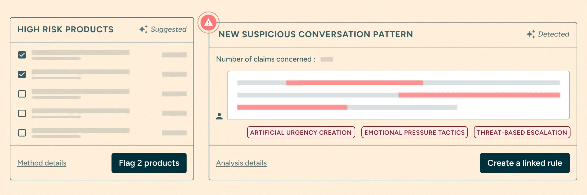 Two backwise recommendations: a high-risk products checklist offering to flag two products, and a newly detected suspicious conversation pattern tagged artificial urgency creation, emotional pressure tactics and threat-based escalation, offering to create a linked rule.