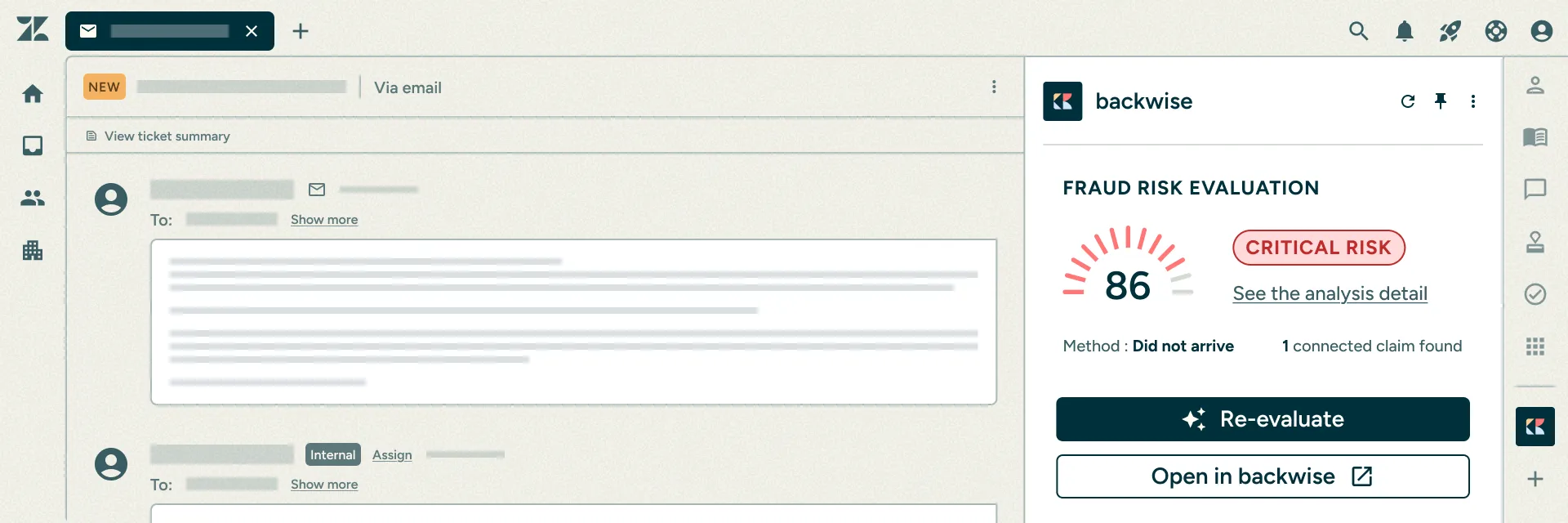 The backwise panel embedded in a Helpdesk ticket, showing a fraud risk evaluation of 86 — critical risk — for a 'did not arrive' claim with one connected claim found, and buttons to re-evaluate or open the claim in backwise.